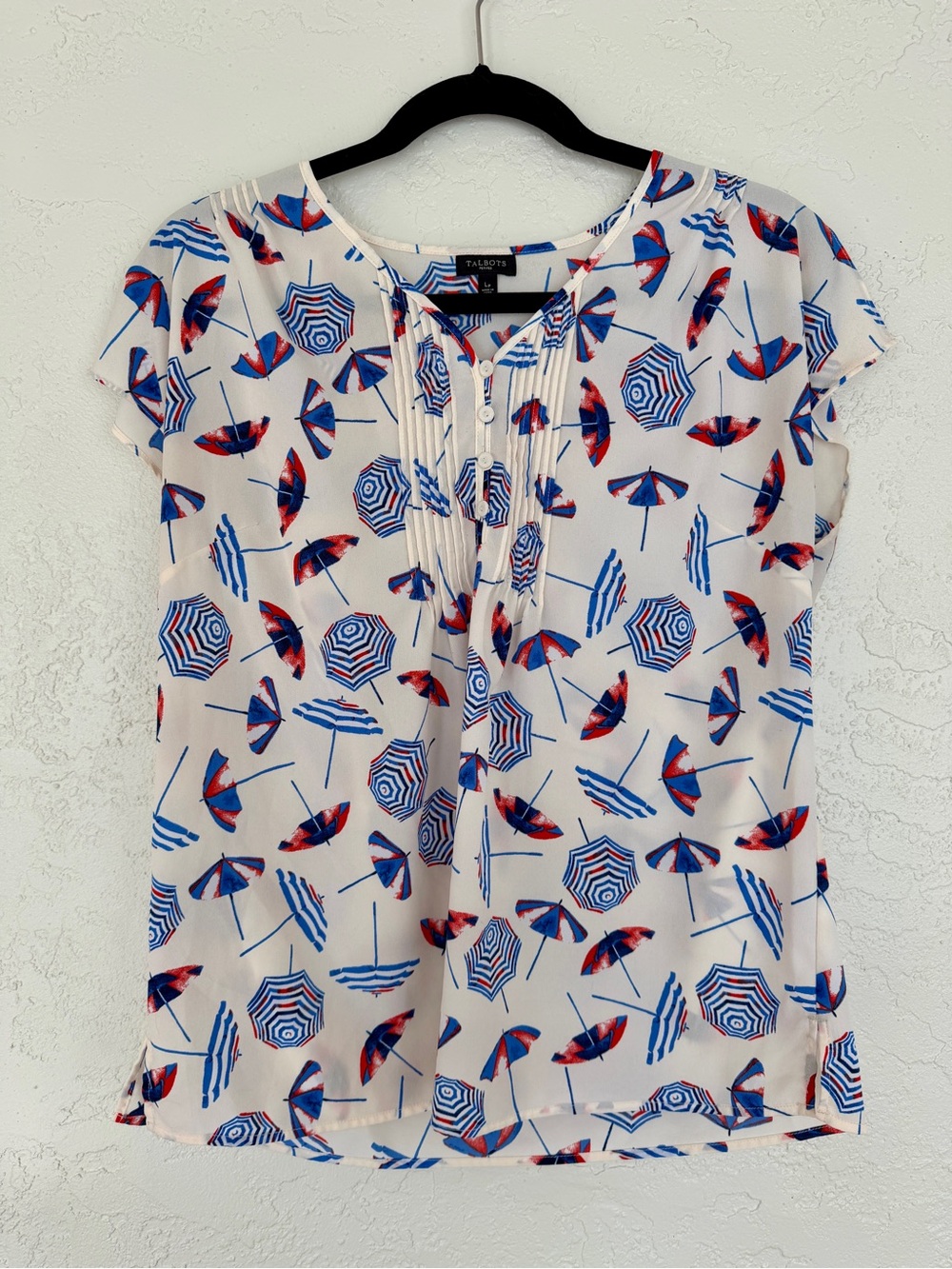 Talbots Beach Umbrella Print Short Sleeve Blouse - Large Petite